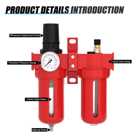 All In One Aluminum Air Regulator Set With Moisture Filter Coalescing Filter Lubricator And Manual Drain 150 Psi Gauge Valve