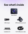 Contents of GPS Dash Cam With 32GB Card Included, Unlimited Cloud Storage, 24 Seven Parking Mode: Nexar Beam, USB charger, GPS suction mount.