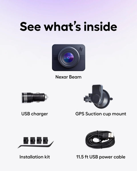 Contents of GPS Dash Cam With 32GB Card Included, Unlimited Cloud Storage, 24 Seven Parking Mode: Nexar Beam, USB charger, GPS suction mount.