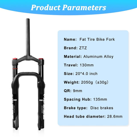 Front Fork For Four Inch Fat Tires With 130mm Travel And Crown Lockout, Ultralight Air Suspension Front Fork features and specs.