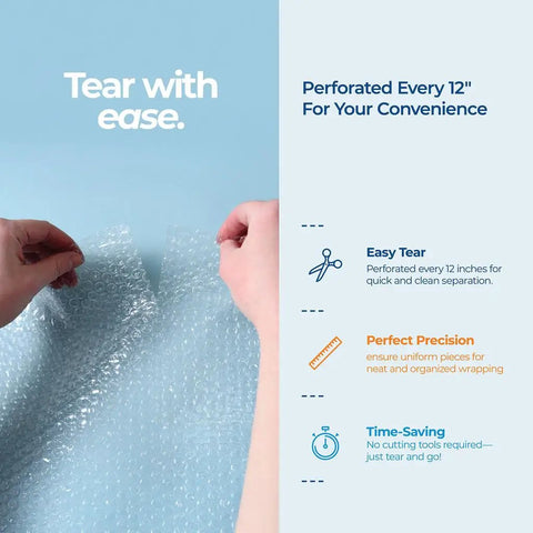 12 Inch Wide Bubble Cushioning Wrap Roll For Packing And Moving, hands tearing at perforation, clear wrap, blue background