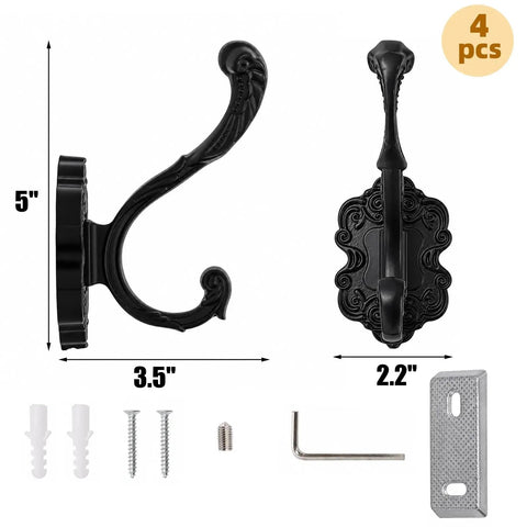 Solid Build Vintage Black Wall Hooks Heavy Duty Coat And Towel Rack Four Pack showing ornate design with installation hardware included.