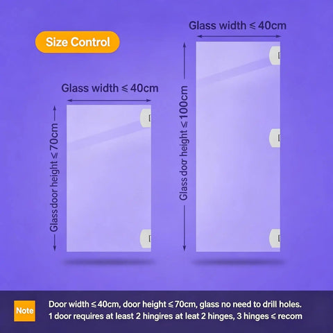 Size control for heavy duty no drill glass door hinges for 4 to 7 mm glass fits doors up to 16 in wide by 28 in high