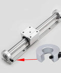 Four Pack SBR16 16mm Linear Rail Stop Collars Set Aluminum Alloy Shaft Lock Rings for CNC Tools with M4 Set Screws, shown installed.
