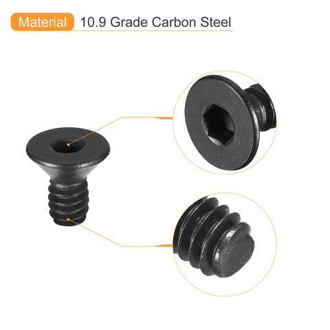 Twenty Piece Top Shelf Five Forty By One Quarter Flat Socket Head Screws With Slick Black Oxide Coating and Dang Tough Grip Made From Hella Strong Ten Point Carbon Steel For Real Daily Wrenching Projects showing hex drive and flat head.
