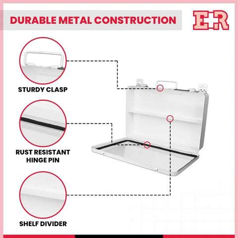 Open First Aid Metal Case Number 36 Fourteen By Ten By Two Point Five Inches Built Tough Dope Metal Medical Supply Case with interior compartments, sturdy clasp, rust-resistant hinge pin, and shelf divider.