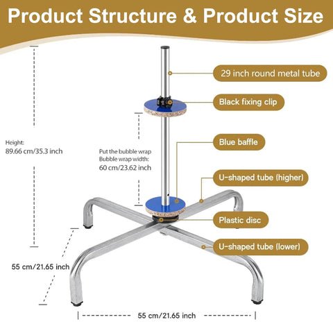 Rock Solid Heavy Duty Bubble Wrap Roll Dispenser With No Hassle Setup and Pro Level Packing Station Stand diagram showing dimensions and metal structure.