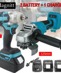 Bad Boy Brushless Angle Grinder And Impact Wrench Combo Kit with 2 batteries and charger, 125mm size, ergonomic design, ideal for heavy lifting.