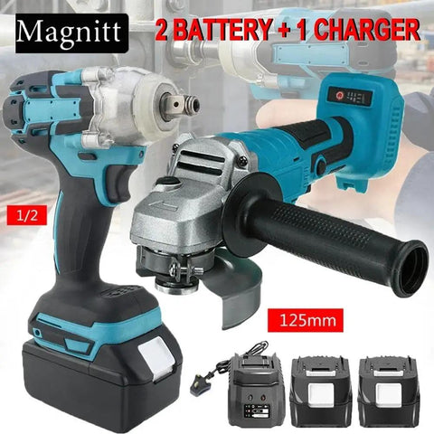 Bad Boy Brushless Angle Grinder And Impact Wrench Combo Kit with 2 batteries and charger, 125mm size, ergonomic design, ideal for heavy lifting.