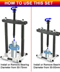 Diagram showing use of Beefy Bearing Puller Set 14-Piece With 5 Ton Capacity And 2-Inch And 3-Inch Jaws for bearing removal.