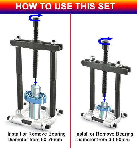 Diagram showing use of Beefy Bearing Puller Set 14-Piece With 5 Ton Capacity And 2-Inch And 3-Inch Jaws for bearing removal.