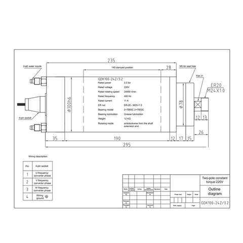 Diagram of Top Shelf Constant Torque Spindle Motor With ER20 Chuck Nut And Slotting Arbor Plug And Play 220V Or 380V High Speed 21000Rpm 400Hz.