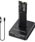 M2 NVMe And SATA To USB C Docking Station Including USB A Reader Adapter, showing SSD in enclosure with a USB cable.