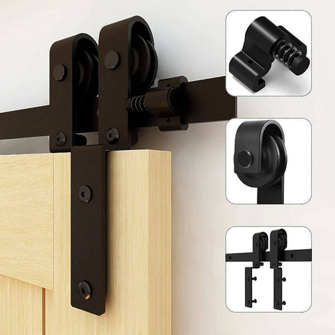 20 Foot Bypass Sliding Barn Door Hardware Kit for Double Doors, carbon steel hangers and rollers detail on wooden door, single track