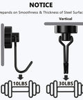 Illustration showing heavy duty magnetic hooks with 10lbs horizontal and 30lbs vertical pull strength for metal surfaces.