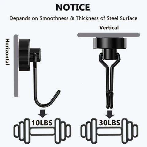 Illustration showing heavy duty magnetic hooks with 10lbs horizontal and 30lbs vertical pull strength for metal surfaces.