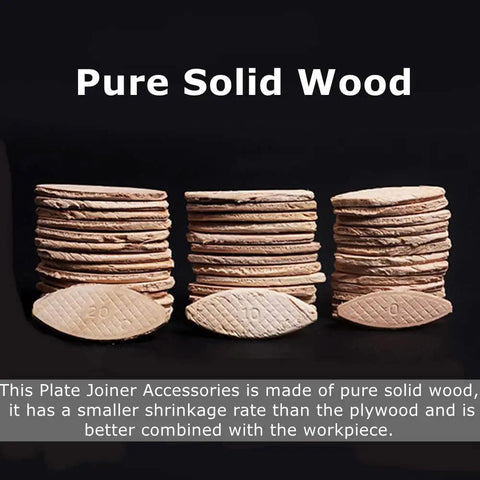 Wood Joining Biscuits Set, 100 Pack in 0, 10, and 20 Sizes, solid beech dowels stacked on dark background