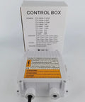 Submersible Well Pump Control Box 110V 60Hz 0.75KW 1HP white enclosure with labeled connections and controller box in background