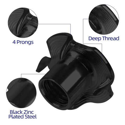 5/16-18 Tee Nuts Four Pronged Black Zinc Plated Steel For Wood And Furniture Projects, close-up showing deep thread detail
