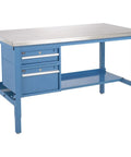 Built Like A Tank Heavy Duty Stainless Steel Workbench With Adjustable Legs Two Storage Drawers Industrial Strength Support Frame 5000 Lb Capacity 72 By 30 Inches Blue side view featuring two drawers and shelf