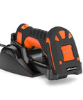 Rugged 2D Industrial Barcode Scanner with Wireless Charging Stand, Bluetooth 433MHz, shockproof and dustproof, orange design.