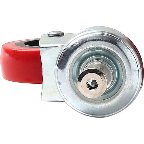Close-up of Heavy Duty 2.5 Inch Swivel Caster Wheel showing threaded post mount and red polyurethane tire.