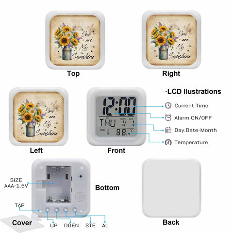 Slick Farmhouse Sunflower Bee Cube Digital Alarm Clock Offering Quiet Nightlight Snooze Toggle And Accurate Temp Gauge top, front, left views with sunflower design and LCD display.