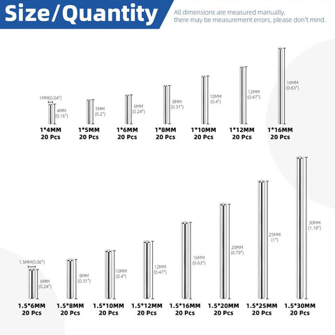 300 Piece Pro Grade Solid Dowel Pin Set M1 And M1.5 Stainless Steel Assorted Sizes For Woodworking, Furniture Installations, Machinery Fasteners, Cabinet Making, And DIY Projects. Size chart