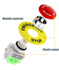 Exploded view of a 22mm emergency stop push button: red mushroom cap, yellow STOP ring, metal mounting nut, and white plastic switch housing.