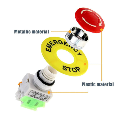 Exploded view of a 22mm emergency stop push button: red mushroom cap, yellow STOP ring, metal mounting nut, and white plastic switch housing.