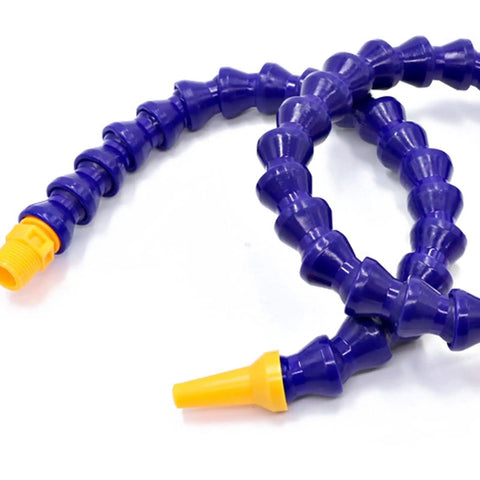 Heavy Duty Flexible Coolant Hose For Machine Shops Straight Up Rock Solid Water And Oil Delivery Tube With Swivel Threaded Ends, purple flexible tubing with orange ends.