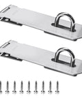 Two Pack Stainless Steel Gate Lock Hasp Set With Safety Packlock Clasp For Doors Cabinets Closets And More Built To Last Heavy Duty 5 Inch Silver Rustproof Door Lock System, showing two gate hasps with screws in silver.