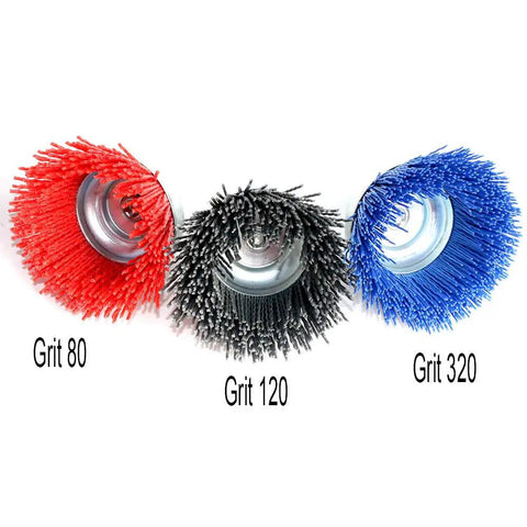 Three Piece Cup Brush Set With Nylon Composite Abrasive For Drills Grit 80 120 320 With Quarter Inch Shank