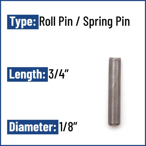 One Eighth Inch By Three Quarters Inch Roll Pin Spring Pin Made From Medium Carbon Steel With Black Oxide Finish Industrial Grade Hardware Pin Pack Of 100 For Precise Alignment And Secure Fastening Of Mechanical Shafts And Mating Surfaces, shown with dimensions: length 3/4 inch, diameter 1/8 inch.