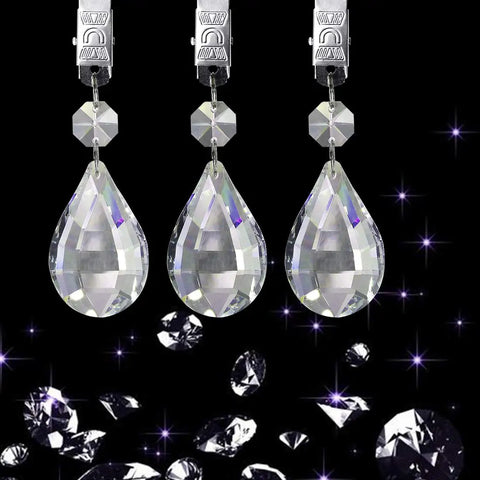 Marquise Crystal Teardrop Tablecloth Weights with 10 Piece Stainless Clip Kit for Outdoor Picnics shown on black background
