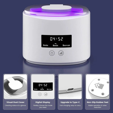 Rechargeable Ultrasonic Retainer Cleaner with 50KHz Cleaning Power and digital display, featuring a visual dust cover.