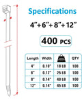 Specifications of Assorted Zip Ties Set 4 Inch 18 Lb, 6 Inch 25 Lb, 8 Inch 40 Lb, 12 Inch 45 Lb Black UV Resistant Cable Ties 400 Pack