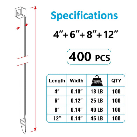 Specifications of Assorted Zip Ties Set 4 Inch 18 Lb, 6 Inch 25 Lb, 8 Inch 40 Lb, 12 Inch 45 Lb Black UV Resistant Cable Ties 400 Pack