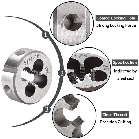 Two Piece 5/16-18 UNC Tap And Die Set With High Speed Steel And Alloy Steel For Right Hand Threads Includes Straight Flute Tap And Round Thread Die Great For New Or Retapping Damaged Threads And Fast Chip Removal with clear thread precision cutting, conical locking hole, and steel seal specification.
