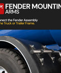 Close-up of stainless steel fender mounting arm on dual rear wheels for 2 Pack Stainless Steel Poly Fender Mounting Kit For Semi Trucks And Trailers Fits 19.5 To 24.5 Inch Tires Adjustable Fender Hanger Brackets For Dual Rear Wheels Bolt On Beefy Heavy Duty.