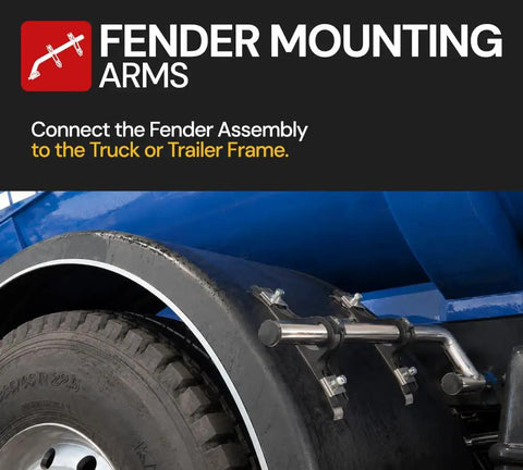 Close-up of stainless steel fender mounting arm on dual rear wheels for 2 Pack Stainless Steel Poly Fender Mounting Kit For Semi Trucks And Trailers Fits 19.5 To 24.5 Inch Tires Adjustable Fender Hanger Brackets For Dual Rear Wheels Bolt On Beefy Heavy Duty.