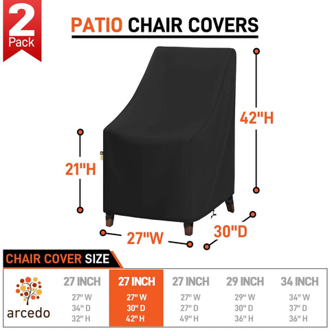 Two Pack High Back Patio Chair Covers Waterproof Weatherproof For Stackable Dining Chairs And Lounge Or Swivel Seats Fits Up To 25W X 28D X 42H With Storage Bag Backyard Ready showing dimensions of 27W x 30D x 42H.