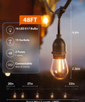 Outdoor Led String Lights 48ft With Edison Vintage Shatterproof Bulbs For Patio And Garden, showing bulb and dimensions