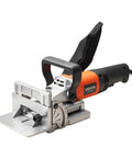 Top Shelf Biscuit Plate Joiner Boasting A 760W Motor Hitting 11600 Rpm For Knockout Joints Fast Depth Dials Swivel Guide Pegs And Razor Sharp Carbide Blade Built Tough For Weekend Warriors Doing Clean Cuts - close-up of the tool with metallic body and ergonomic handle.