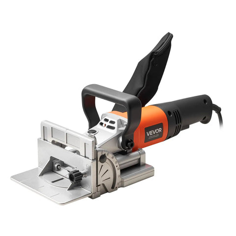 Top Shelf Biscuit Plate Joiner Boasting A 760W Motor Hitting 11600 Rpm For Knockout Joints Fast Depth Dials Swivel Guide Pegs And Razor Sharp Carbide Blade Built Tough For Weekend Warriors Doing Clean Cuts - close-up of the tool with metallic body and ergonomic handle.
