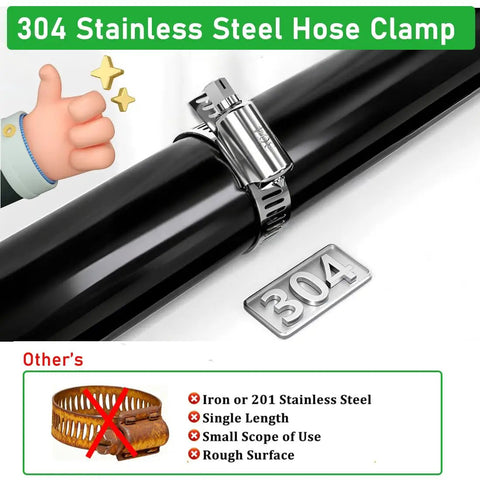 304 stainless steel hose clamp on pipe, part of 210 Piece Stainless Steel Worm Gear Hose Clamp Set With Sizes From One Quarter Inch To Two Inches 6mm To 51mm Heavy Duty Clips For Auto Marine And DIY Plumbing Projects