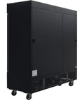 Three Door Merchandiser Refrigerator With 53 Cu Ft Fresh As Heck Storage, black exterior and mobile casters for easy movement.