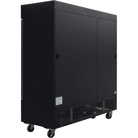 Three Door Merchandiser Refrigerator With 53 Cu Ft Fresh As Heck Storage, black exterior and mobile casters for easy movement.
