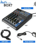 4 Channel DJ Mixer With Bluetooth And USB MP3 Playback, Built-In Phantom Power, showing dimensions and accessories included.