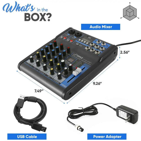 4 Channel DJ Mixer With Bluetooth And USB MP3 Playback, Built-In Phantom Power, showing dimensions and accessories included.